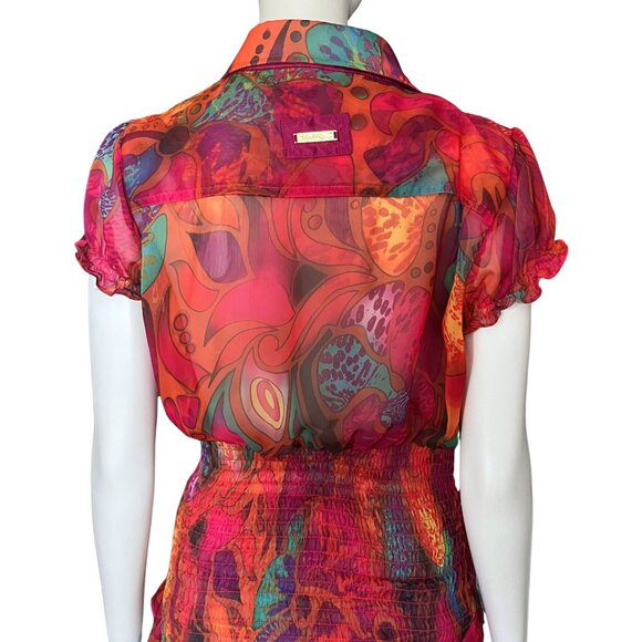 Vintage Y2K Apple Bottom Colorful Psychedelic Sheer Blouse Top Trashy2K M/L Pink - Picture 7 of 13